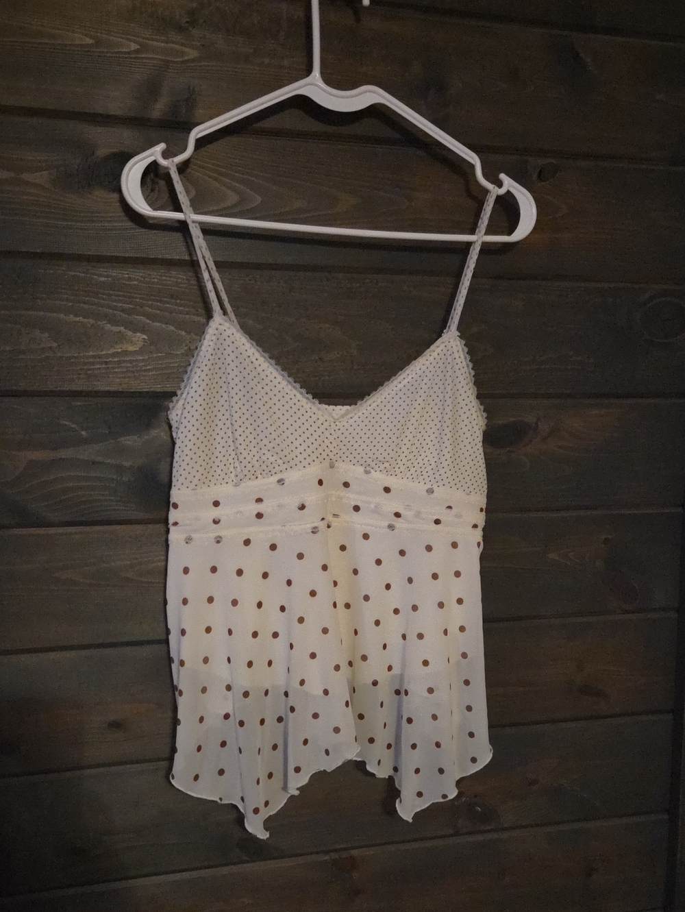 Adjustable Straps White Cami Top with Brown Polka Dots